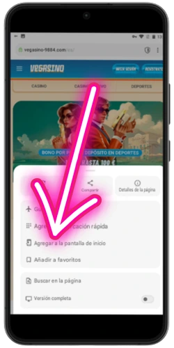 Opción para agregar Vegasino a la pantalla de inicio en Android