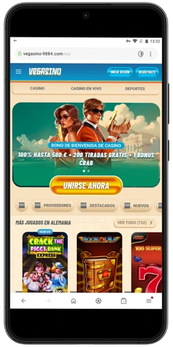 Sitio oficial de Vegasino abierto en un dispositivo Android