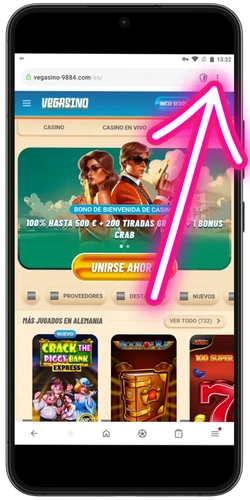 Menú de Google Chrome abierto en el sitio de Vegasino para Android