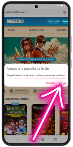 Confirmación del nombre del acceso directo de Vegasino en Android